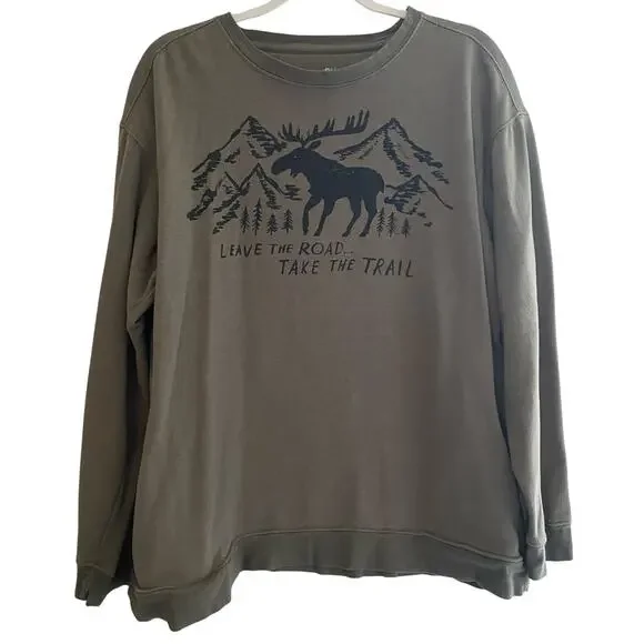 Natural Life Cotton Sweatshirt Green Moose Graphic Womens Size Large - Picture 1 of 6